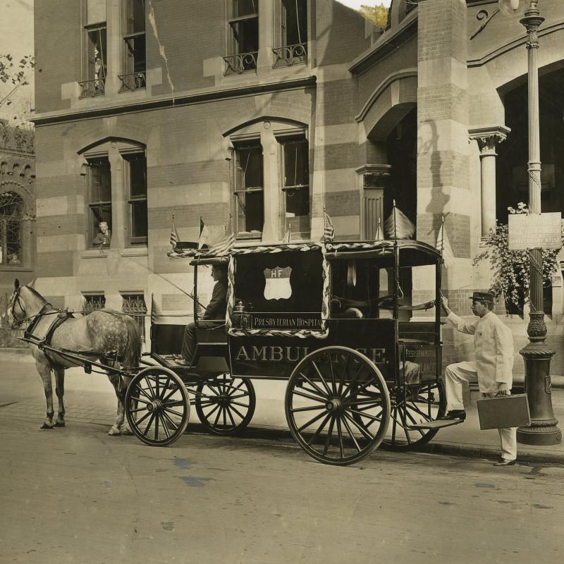 Presbyterian Hospital horse-drawn ambulance on 70th street (the Park Avenue location of Presbyterian Hospital)
